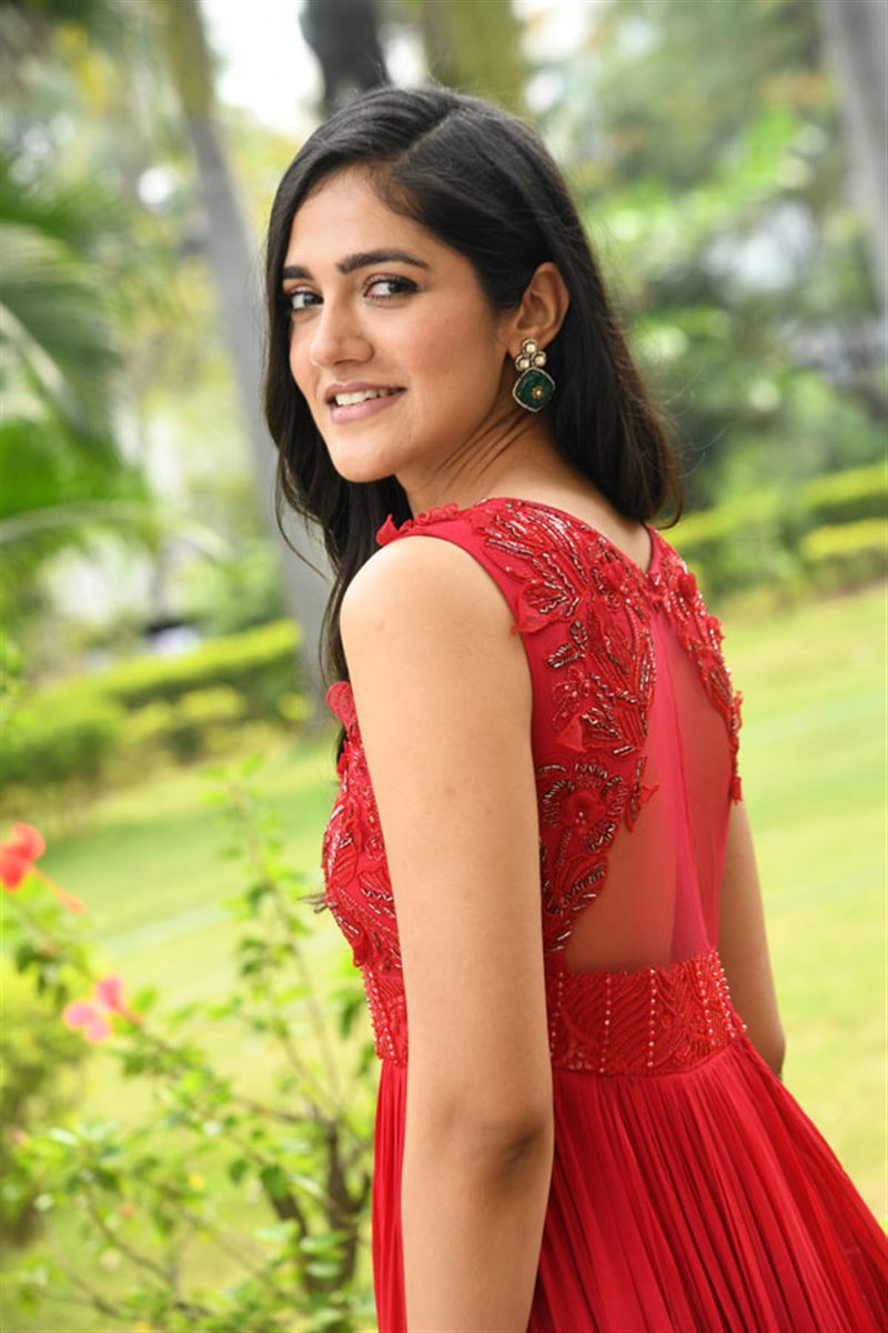 Telugu Actress Simran Choudhary in Red Dress at Atharva Movie Press Meet